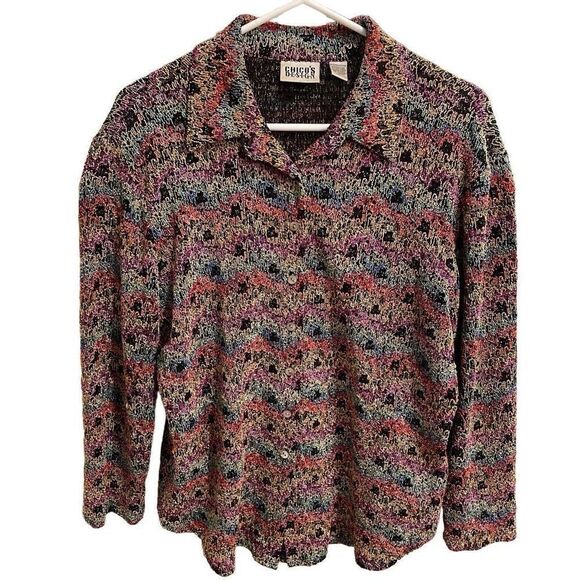 Vtg Chicos Design Button Up Womens 1 Knit Floral Flower Motif Eclectic Grandma - Picture 1 of 5